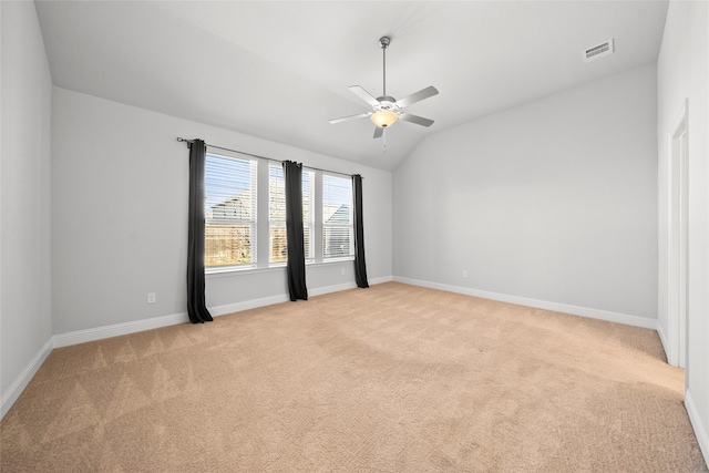6225 Kent Ln, Celina, TX 76227 - spare room featuring light carpet, ceiling fan, baseboards, and vaulted ceiling