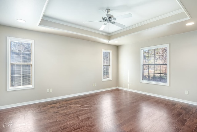 spare room with a tray ceiling, ceiling fan, and ornamental molding