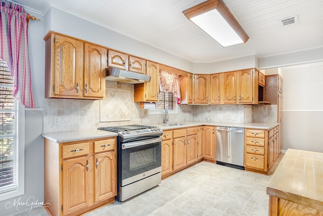 kitchen with stainless steel appliances, tasteful backsplash, and sink