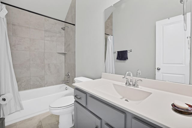 full bathroom with shower / bath combination with curtain, vanity, toilet, and tile patterned floors