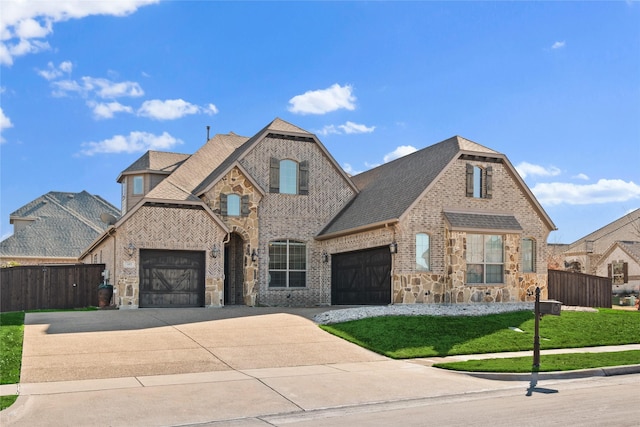 view of front of property featuring a front yard and a garage