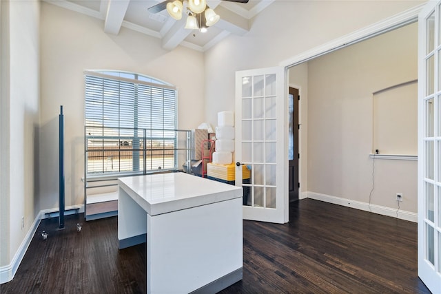 office area featuring french doors, dark wood-type flooring, and beamed ceiling