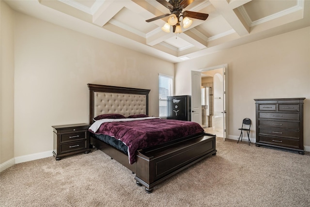 bedroom with ornamental molding, coffered ceiling, beam ceiling, and light carpet