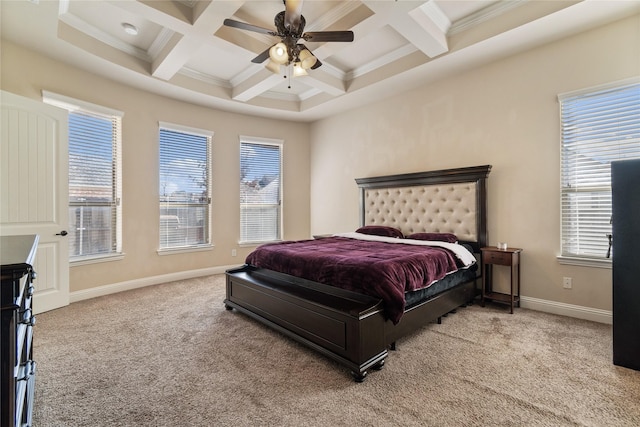 bedroom featuring beamed ceiling, ceiling fan, light carpet, and coffered ceiling