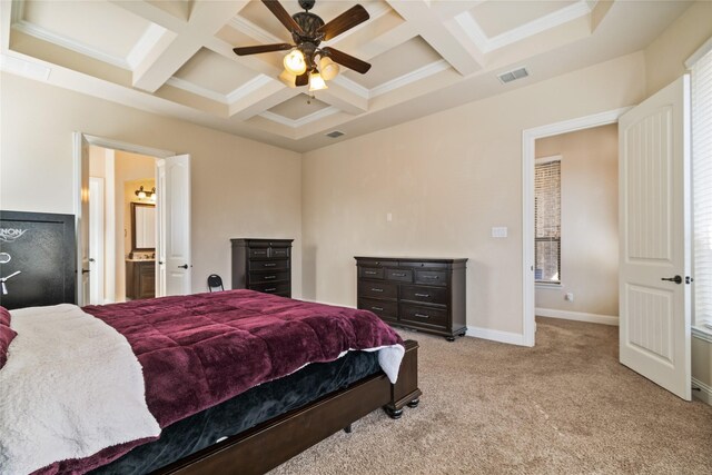 carpeted bedroom featuring beam ceiling, ceiling fan, and coffered ceiling