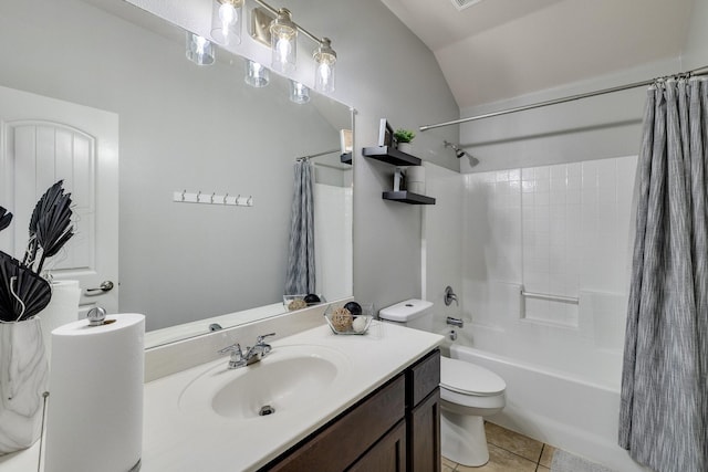 full bathroom with tile patterned floors, lofted ceiling, toilet, shower / tub combo with curtain, and vanity