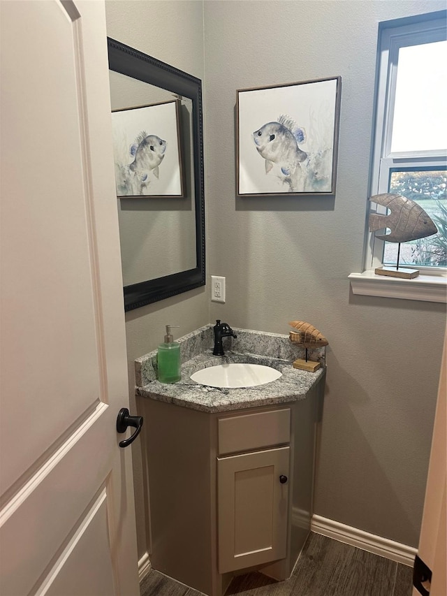 bathroom with vanity and hardwood / wood-style floors