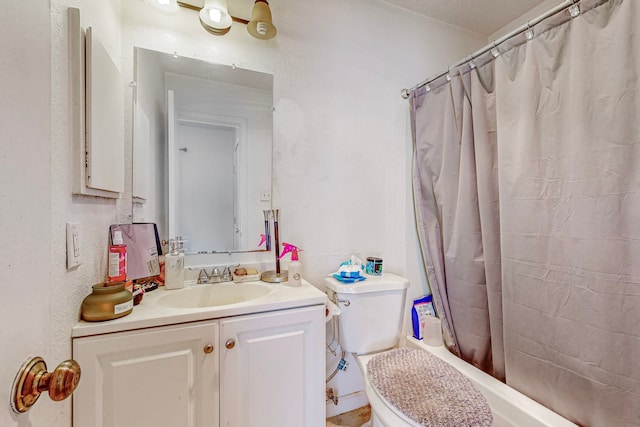 full bathroom with a textured ceiling, vanity, toilet, and shower / bathtub combination with curtain