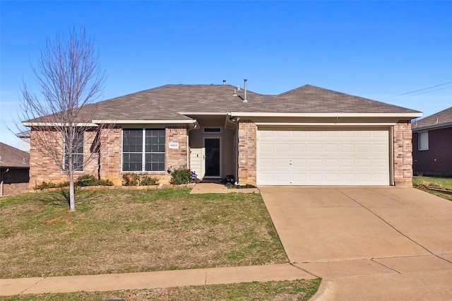 ranch-style house with a garage and a front yard