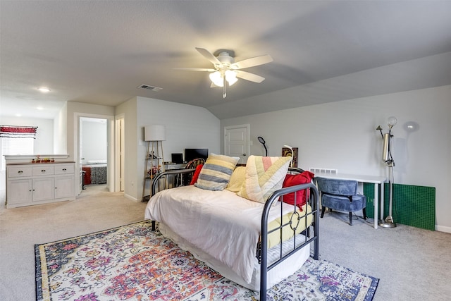 bedroom with ceiling fan, light carpet, and lofted ceiling