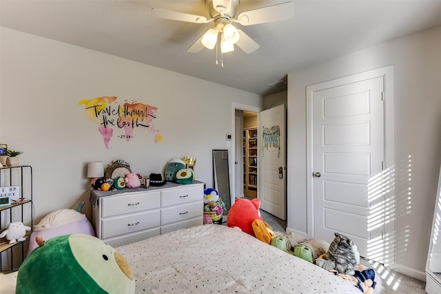 carpeted bedroom with ceiling fan