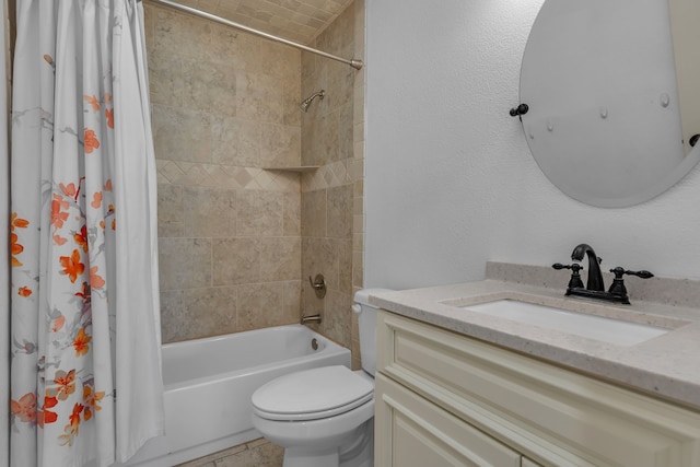 full bathroom featuring vanity, shower / bath combination with curtain, and toilet