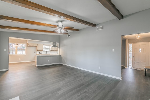 unfurnished living room with sink, dark hardwood / wood-style floors, ceiling fan with notable chandelier, and beam ceiling