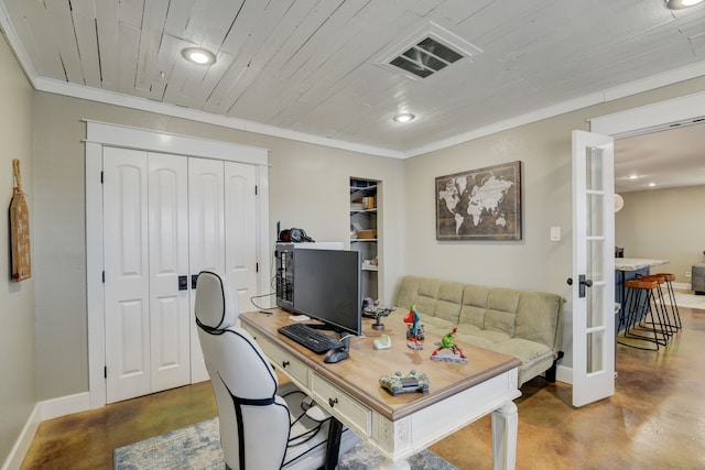 405 Hubbard, Josephine, TX 75173 - home office featuring wood ceiling, ornamental molding, and concrete flooring