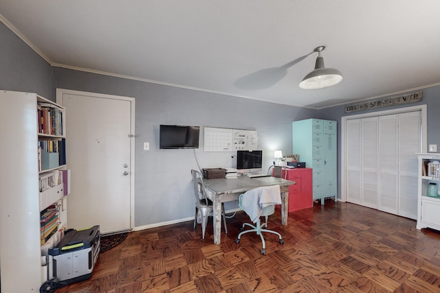 office featuring dark parquet floors and ornamental molding