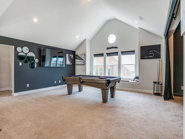 rec room featuring vaulted ceiling, light carpet, and pool table