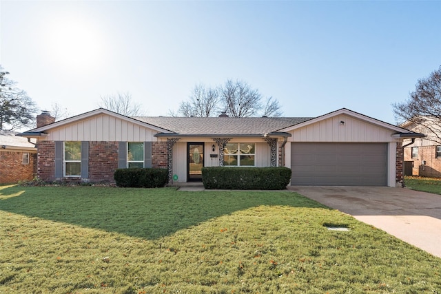 ranch-style house with a front yard and a garage