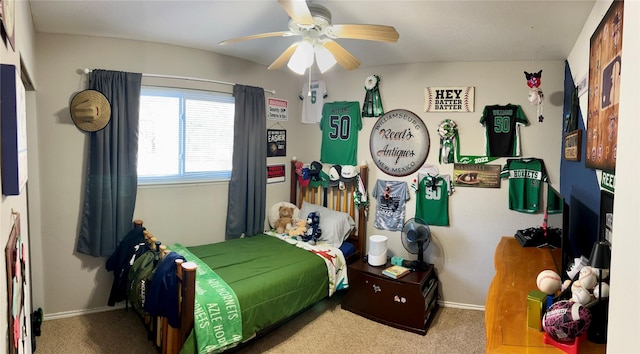 bedroom featuring carpet flooring and ceiling fan