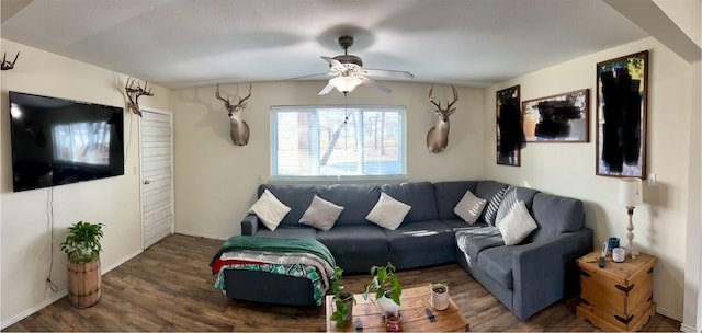 living room featuring ceiling fan and hardwood / wood-style floors