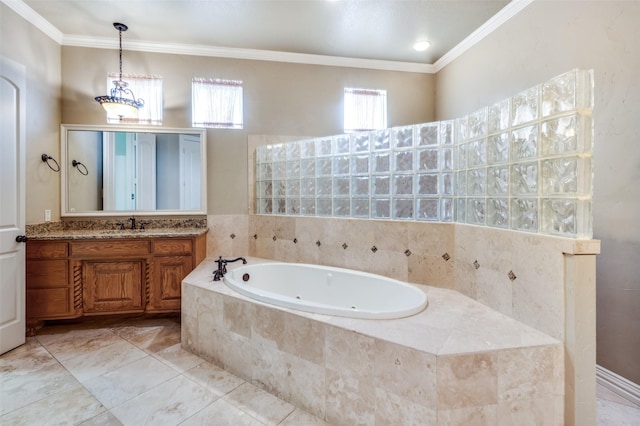 bathroom featuring vanity, tiled tub, and crown molding