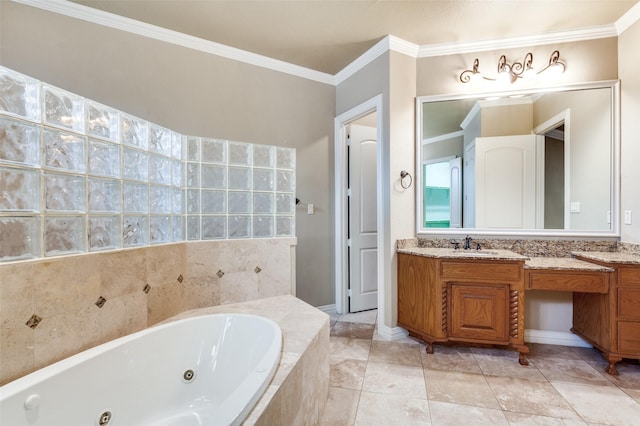 bathroom featuring tiled tub, vanity, tile patterned floors, and crown molding