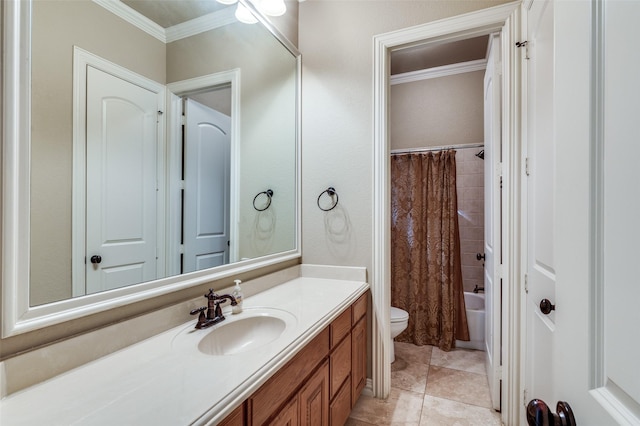 full bathroom with shower / tub combo, tile patterned flooring, vanity, ornamental molding, and toilet