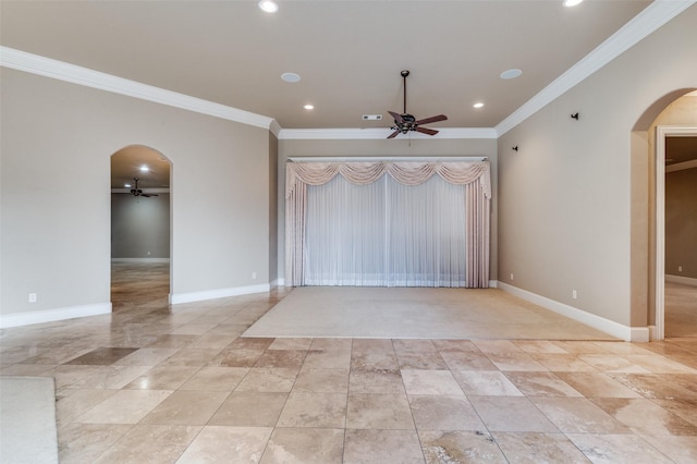 interior space with crown molding and ceiling fan