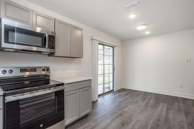 kitchen with gray cabinets, light wood-type flooring, and appliances with stainless steel finishes