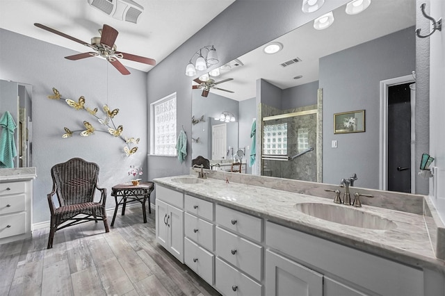 bathroom featuring wood-type flooring, vanity, and an enclosed shower