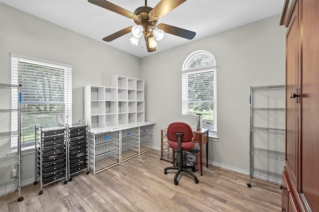 office area featuring ceiling fan, plenty of natural light, and light wood-type flooring