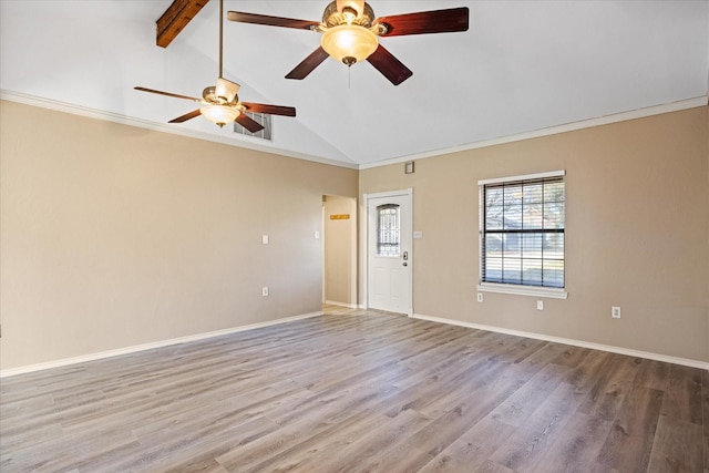 unfurnished room featuring lofted ceiling with beams, ceiling fan, and light hardwood / wood-style floors