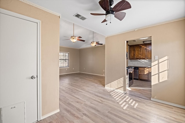 unfurnished room featuring ornamental molding, light wood-type flooring, ceiling fan, and lofted ceiling