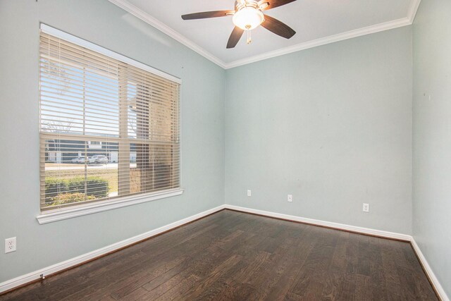 empty room with dark hardwood / wood-style floors, ceiling fan, and ornamental molding