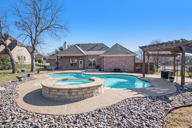 view of swimming pool featuring an in ground hot tub, a pergola, and a patio