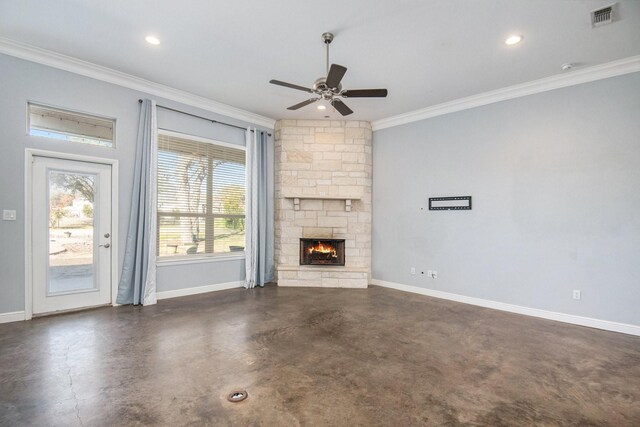 unfurnished living room with crown molding, a fireplace, ceiling fan with notable chandelier, and sink