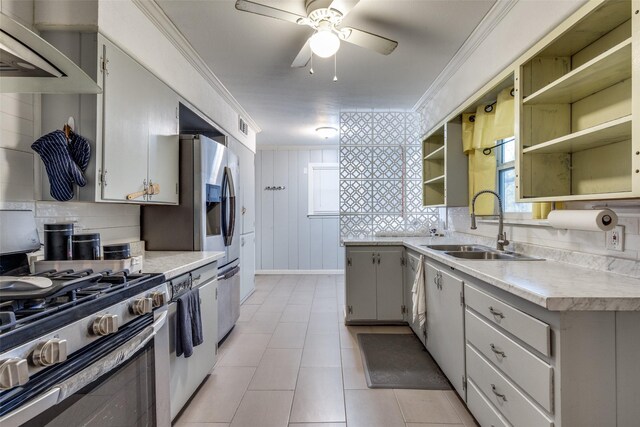 kitchen with white cabinets, decorative backsplash, wall chimney range hood, and sink