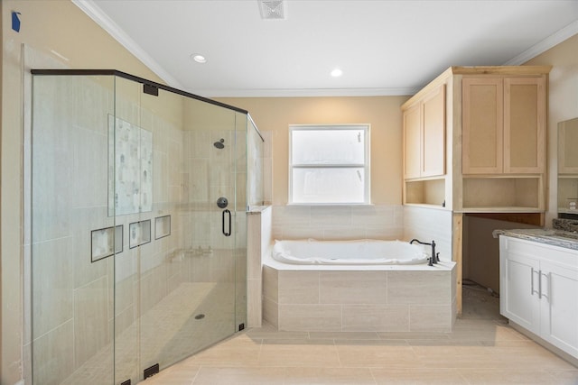 full bathroom with a garden tub, crown molding, visible vents, a shower stall, and vanity