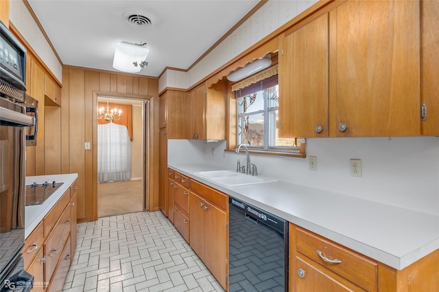 kitchen with dishwasher, an inviting chandelier, crown molding, and sink