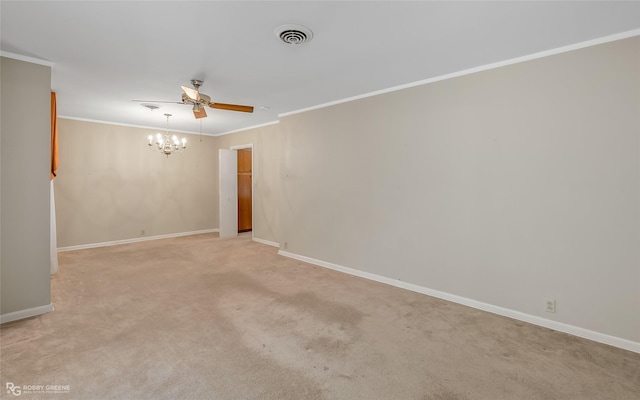 unfurnished room featuring light carpet, ceiling fan with notable chandelier, and crown molding