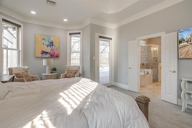 bedroom featuring ensuite bathroom, ornamental molding, access to exterior, and light carpet