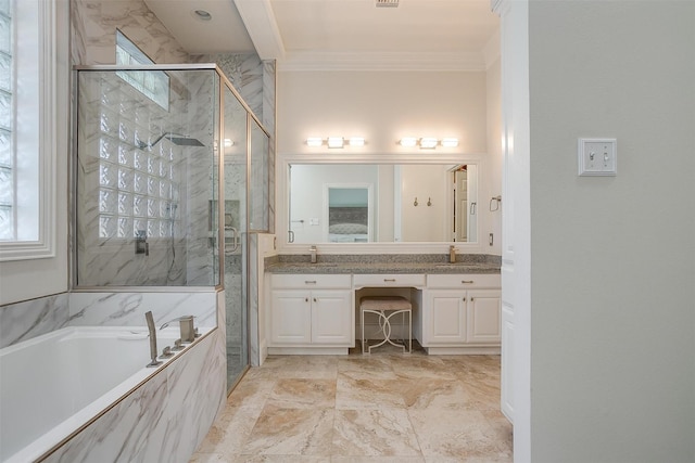 bathroom featuring vanity, ornamental molding, and plus walk in shower