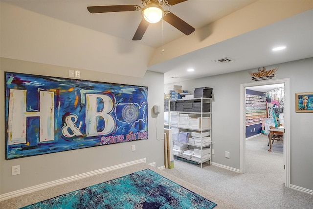 game room with carpet floors and ceiling fan