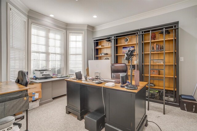 home office featuring light carpet and ornamental molding