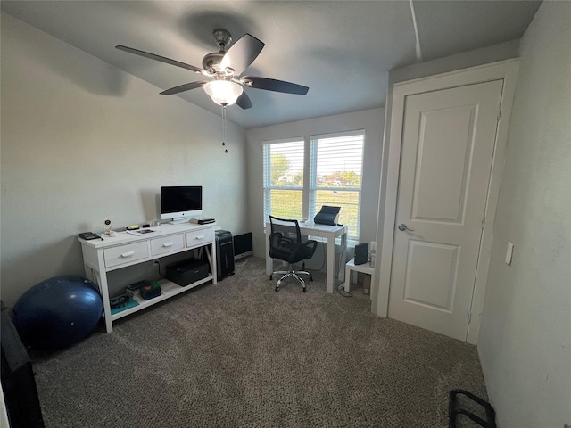 office with dark carpet and a ceiling fan