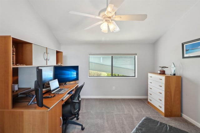 home office with light colored carpet, ceiling fan, and lofted ceiling