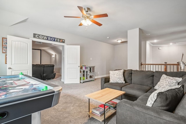 game room with light colored carpet and ceiling fan