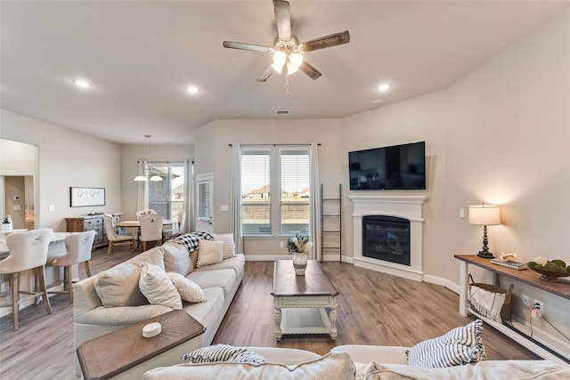 living room with ceiling fan and hardwood / wood-style flooring