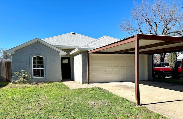 ranch-style house featuring a front lawn, a garage, and a carport