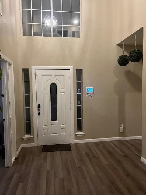 entryway featuring dark hardwood / wood-style floors and a towering ceiling