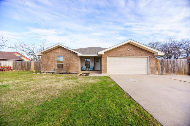 ranch-style house with a front yard and a garage